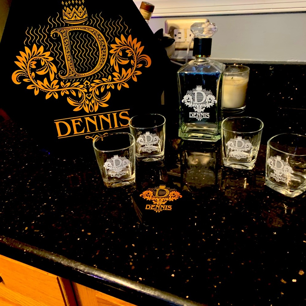 Personalized Decanter with glasses, storage box & matching coasters